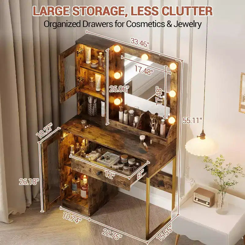 Modern Makeup Vanity Desk with Mirror, Charging Station, Ample Storage Drawers & Acrylic-Door Cabinets, Wooden Dressing Table for Bedroom