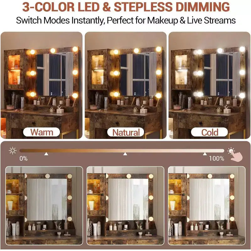 Modern Makeup Vanity Desk with Mirror, Charging Station, Ample Storage Drawers & Acrylic-Door Cabinets, Wooden Dressing Table for Bedroom