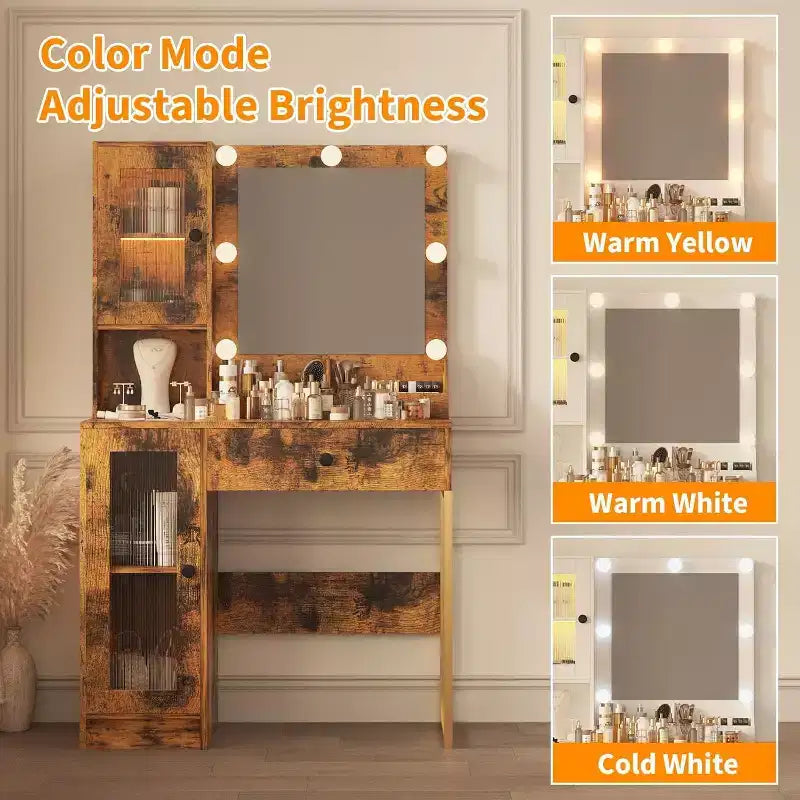 Modern Makeup Vanity Desk with Mirror, Charging Station, Ample Storage Drawers & Acrylic-Door Cabinets, Wooden Dressing Table for Bedroom