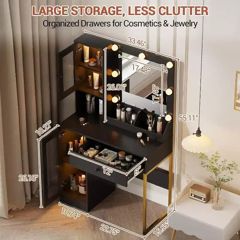 Modern Makeup Vanity Desk with Mirror, Charging Station, Ample Storage Drawers & Acrylic-Door Cabinets, Wooden Dressing Table for Bedroom