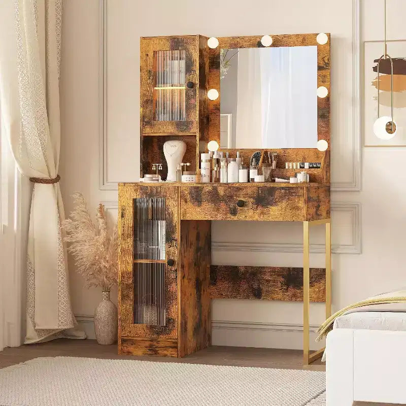 Modern Makeup Vanity Desk with Mirror, Charging Station, Ample Storage Drawers & Acrylic-Door Cabinets, Wooden Dressing Table for Bedroom