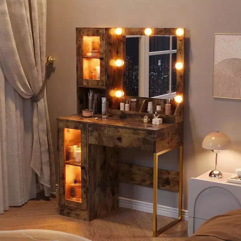 Modern Makeup Vanity Desk with Mirror, Charging Station, Ample Storage Drawers & Acrylic-Door Cabinets, Wooden Dressing Table for Bedroom