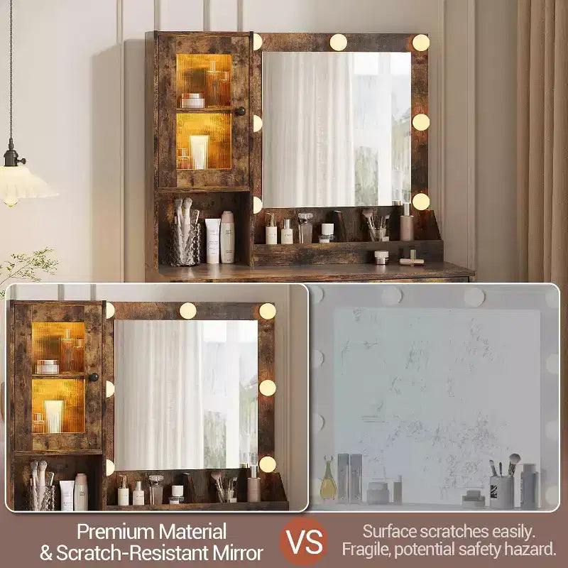 Modern Makeup Vanity Desk with Mirror, Charging Station, Ample Storage Drawers & Acrylic-Door Cabinets, Wooden Dressing Table for Bedroom