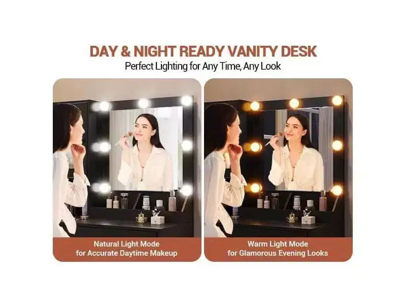 Modern Makeup Vanity Desk with Mirror, Charging Station, Ample Storage Drawers & Acrylic-Door Cabinets, Wooden Dressing Table for Bedroom