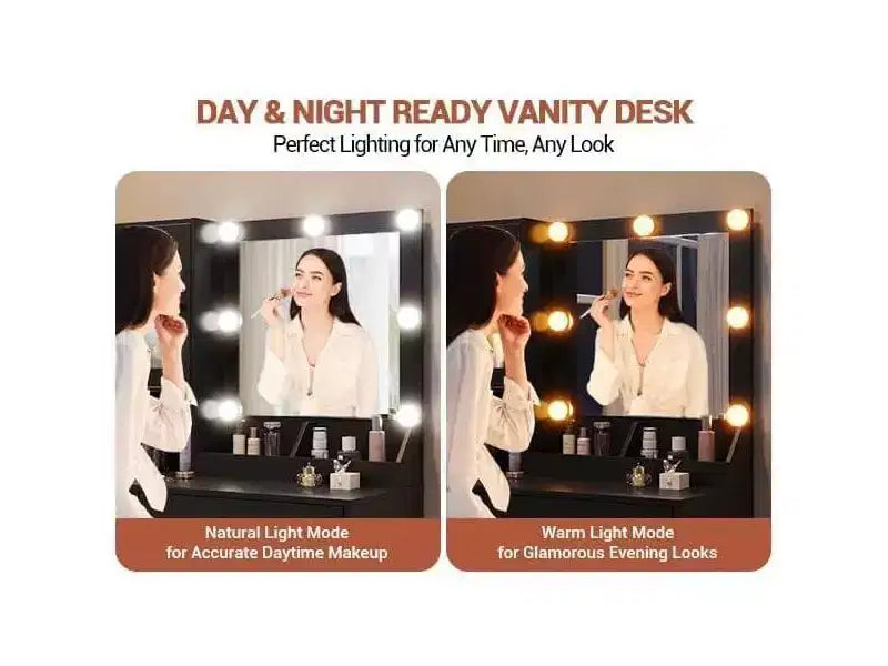 Modern Makeup Vanity Desk with Mirror, Charging Station, Ample Storage Drawers & Acrylic-Door Cabinets, Wooden Dressing Table for Bedroom