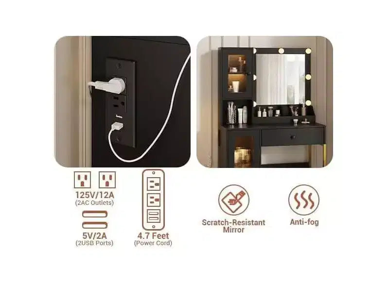 Modern Makeup Vanity Desk with Mirror, Charging Station, Ample Storage Drawers & Acrylic-Door Cabinets, Wooden Dressing Table for Bedroom