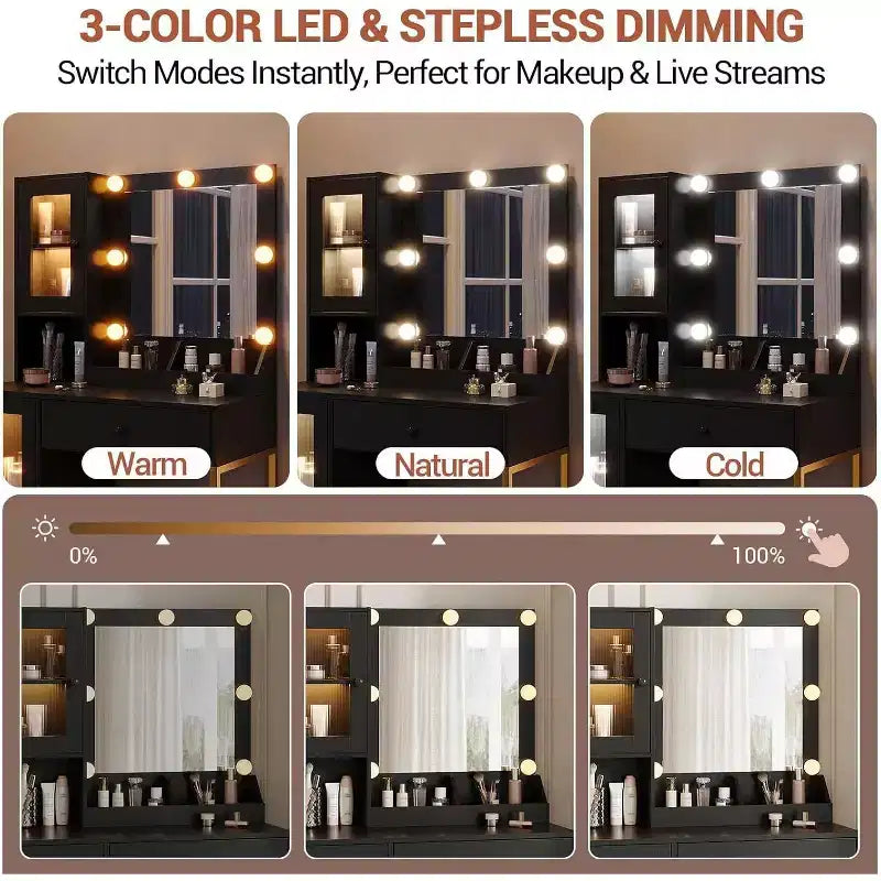 Modern Makeup Vanity Desk with Mirror, Charging Station, Ample Storage Drawers & Acrylic-Door Cabinets, Wooden Dressing Table for Bedroom