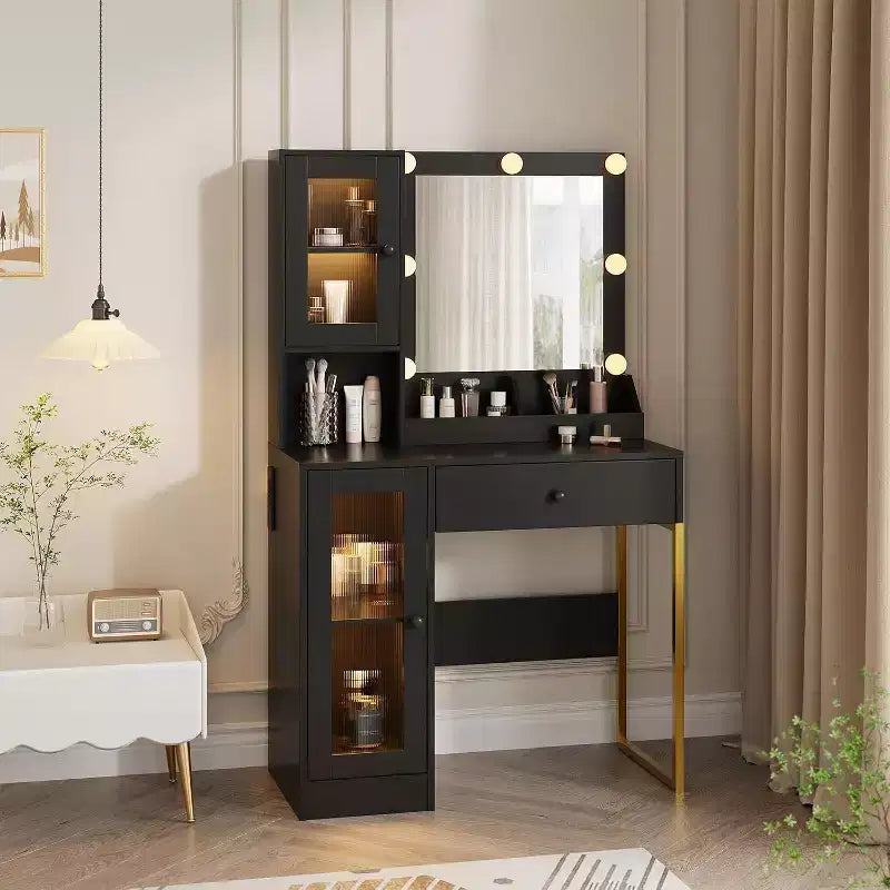 Modern Makeup Vanity Desk with Mirror, Charging Station, Ample Storage Drawers & Acrylic-Door Cabinets, Wooden Dressing Table for Bedroom