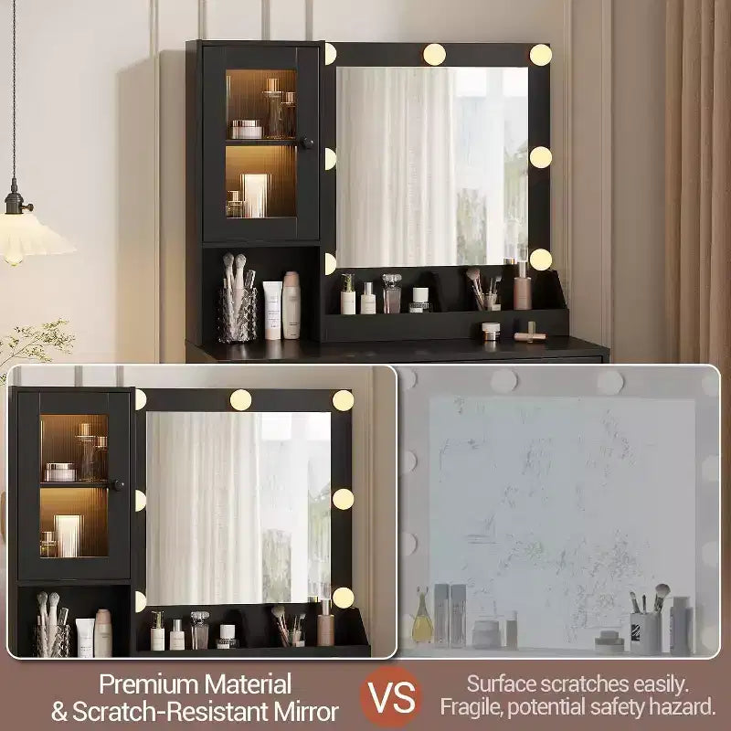 Modern Makeup Vanity Desk with Mirror, Charging Station, Ample Storage Drawers & Acrylic-Door Cabinets, Wooden Dressing Table for Bedroom
