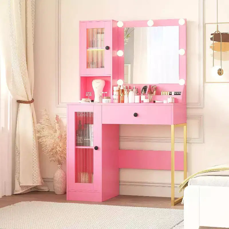 Modern Makeup Vanity Desk with Mirror, Charging Station, Ample Storage Drawers & Acrylic-Door Cabinets, Wooden Dressing Table for Bedroom