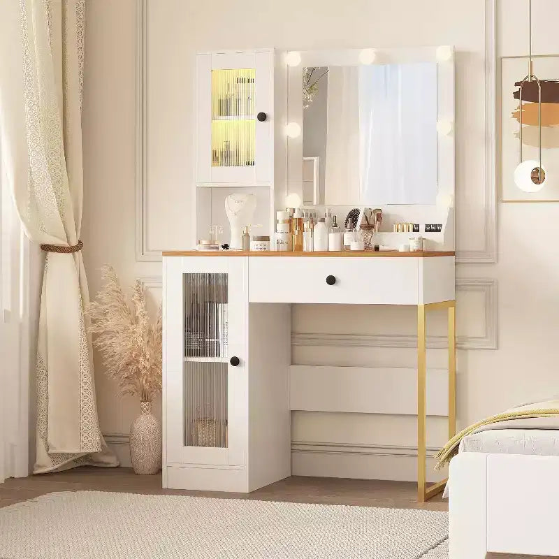 Modern Makeup Vanity Desk with Mirror, Charging Station, Ample Storage Drawers & Acrylic-Door Cabinets, Wooden Dressing Table for Bedroom