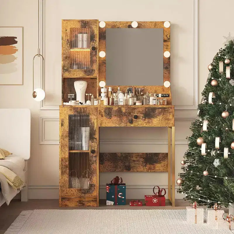 Modern Makeup Vanity Desk with Mirror, Charging Station, Ample Storage Drawers & Acrylic-Door Cabinets, Wooden Dressing Table for Bedroom