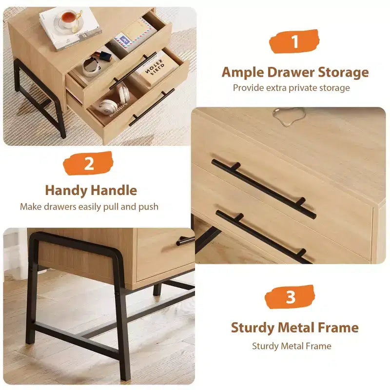 Bedside Tables Nightstand w/2 Drawers & Open Shelf, Modern Side Table w/Metal Legs, Compact Storage Cabinet for Small Space Apartment