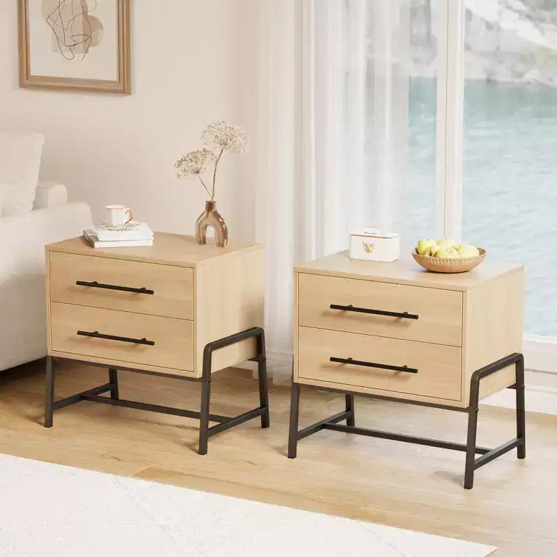 Bedside Tables Nightstand w/2 Drawers & Open Shelf, Modern Side Table w/Metal Legs, Compact Storage Cabinet for Small Space Apartment