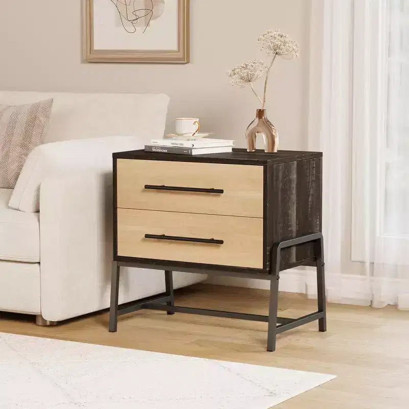 Bedside Tables Nightstand w/2 Drawers & Open Shelf, Modern Side Table w/Metal Legs, Compact Storage Cabinet for Small Space Apartment