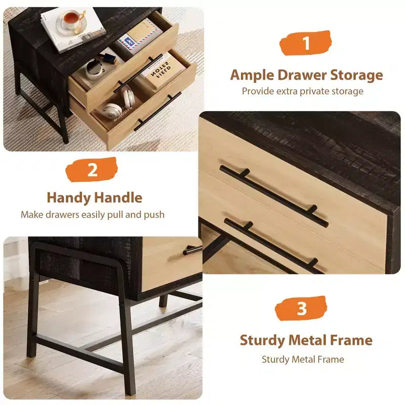 Bedside Tables Nightstand w/2 Drawers & Open Shelf, Modern Side Table w/Metal Legs, Compact Storage Cabinet for Small Space Apartment