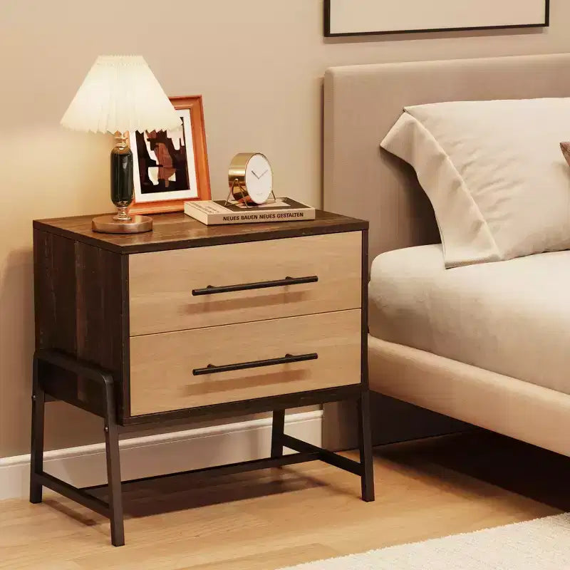 Bedside Tables Nightstand w/2 Drawers & Open Shelf, Modern Side Table w/Metal Legs, Compact Storage Cabinet for Small Space Apartment