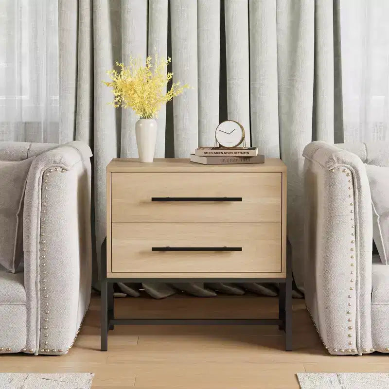 Bedside Tables Nightstand w/2 Drawers & Open Shelf, Modern Side Table w/Metal Legs, Compact Storage Cabinet for Small Space Apartment