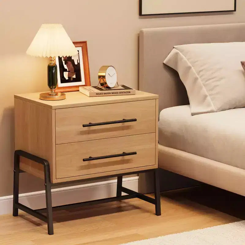 Bedside Tables Nightstand w/2 Drawers & Open Shelf, Modern Side Table w/Metal Legs, Compact Storage Cabinet for Small Space Apartment