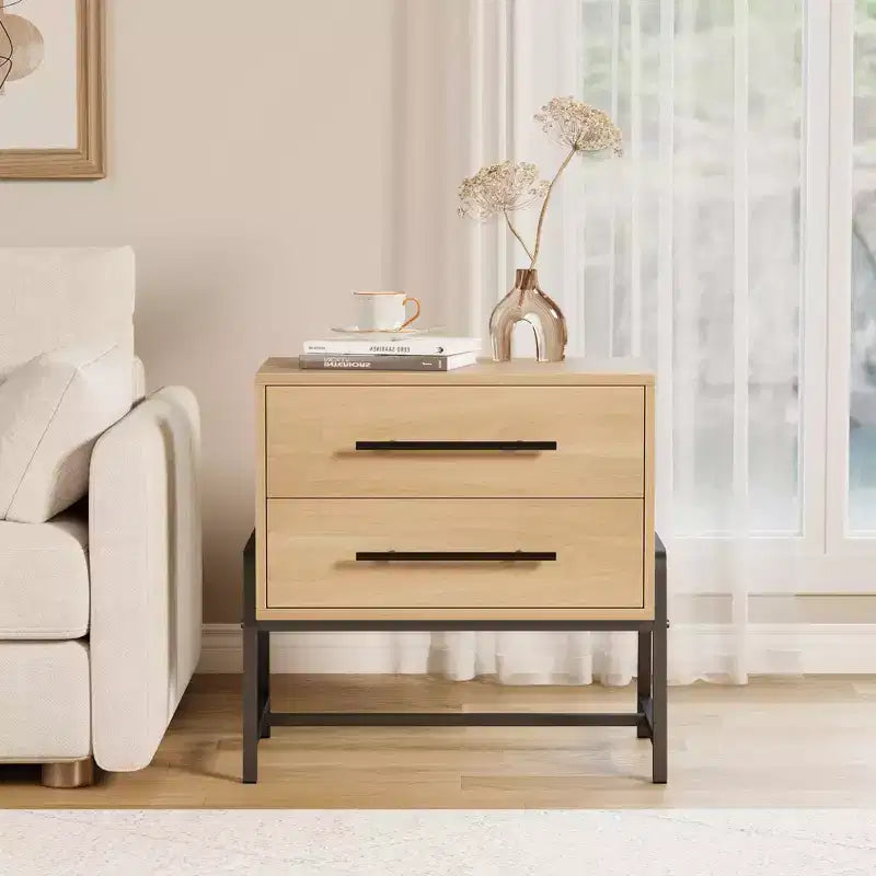 Bedside Tables Nightstand w/2 Drawers & Open Shelf, Modern Side Table w/Metal Legs, Compact Storage Cabinet for Small Space Apartment