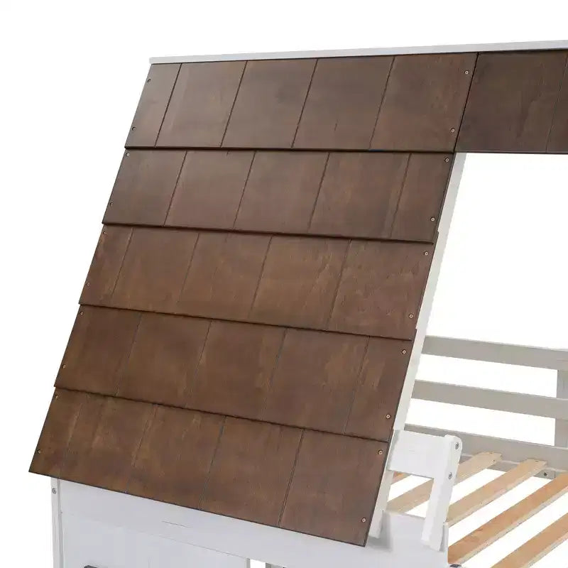 Twin Size Bunk Bed Playful Loft Bed Kids House Bed with Ladder, Slide & Roof, White & Brown - ModernLuxe