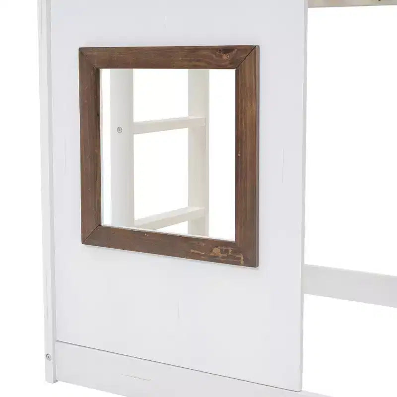 Twin Size Bunk Bed Playful Loft Bed Kids House Bed with Ladder, Slide & Roof, White & Brown - ModernLuxe