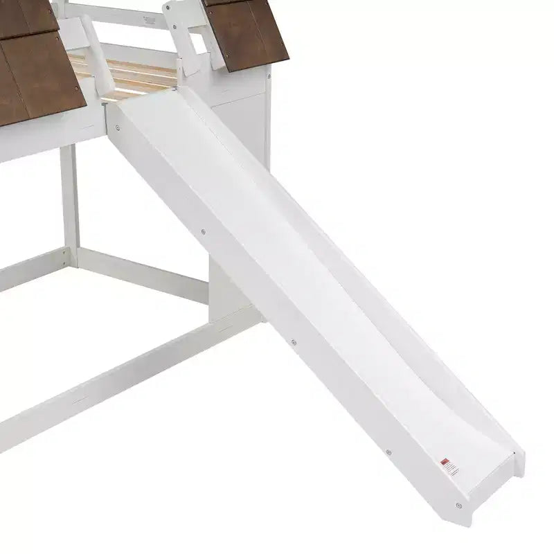 Twin Size Bunk Bed Playful Loft Bed Kids House Bed with Ladder, Slide & Roof, White & Brown - ModernLuxe