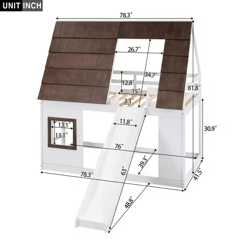 Twin Size Bunk Bed Playful Loft Bed Kids House Bed with Ladder, Slide & Roof, White & Brown - ModernLuxe