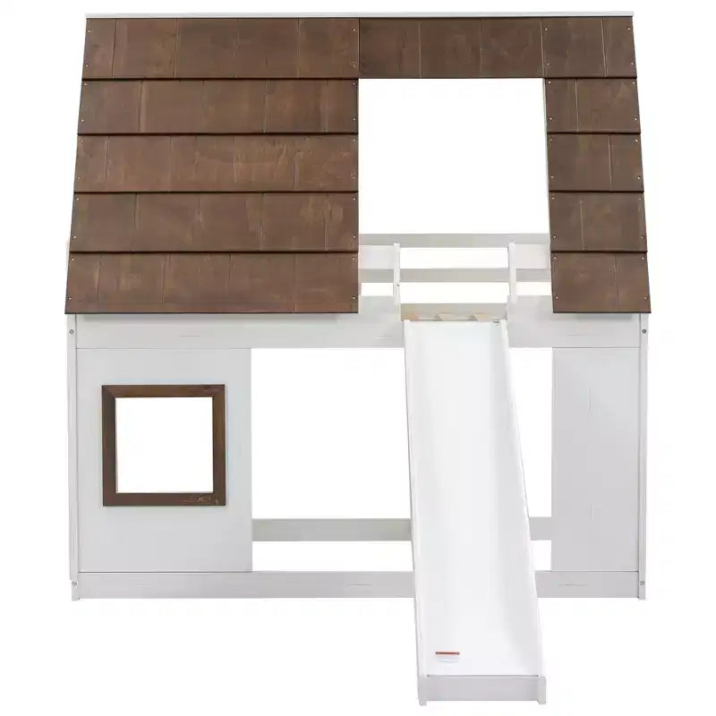 Twin Size Bunk Bed Playful Loft Bed Kids House Bed with Ladder, Slide & Roof, White & Brown - ModernLuxe