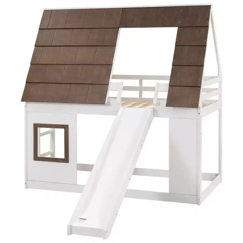 Twin Size Bunk Bed Playful Loft Bed Kids House Bed with Ladder, Slide & Roof, White & Brown - ModernLuxe