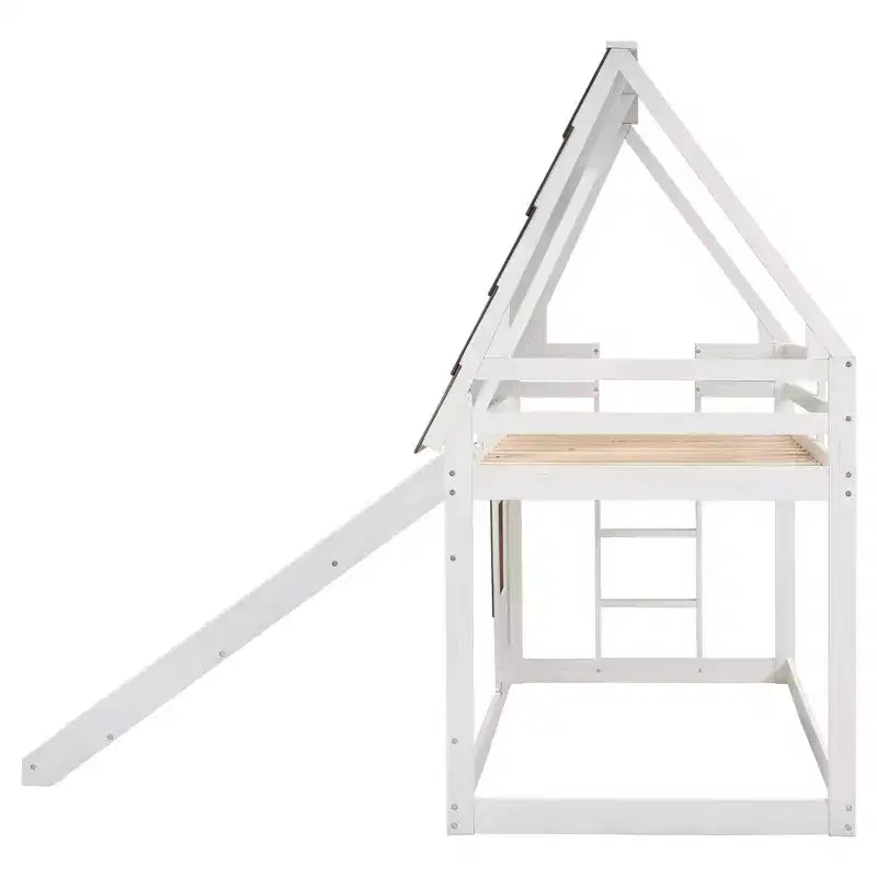 Twin Size Bunk Bed Playful Loft Bed Kids House Bed with Ladder, Slide & Roof, White & Brown - ModernLuxe
