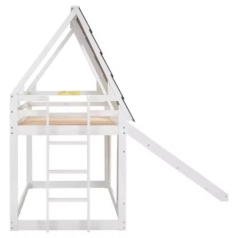 Twin Size Bunk Bed Playful Loft Bed Kids House Bed with Ladder, Slide & Roof, White & Brown - ModernLuxe
