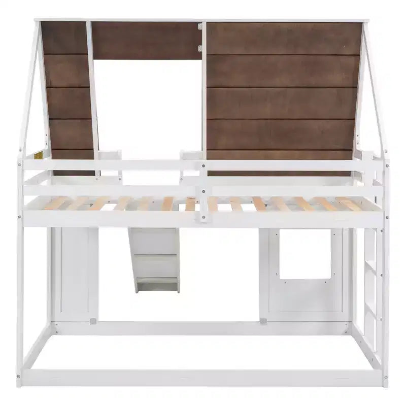 Twin Size Bunk Bed Playful Loft Bed Kids House Bed with Ladder, Slide & Roof, White & Brown - ModernLuxe