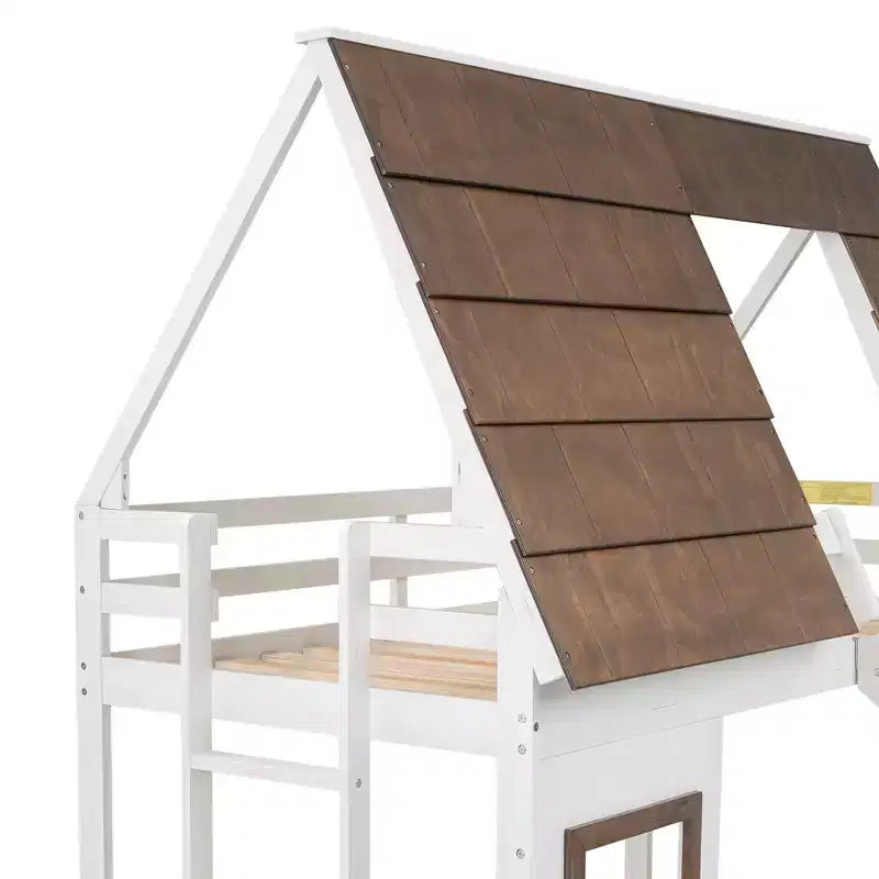Twin Size Bunk Bed Playful Loft Bed Kids House Bed with Ladder, Slide & Roof, White & Brown - ModernLuxe