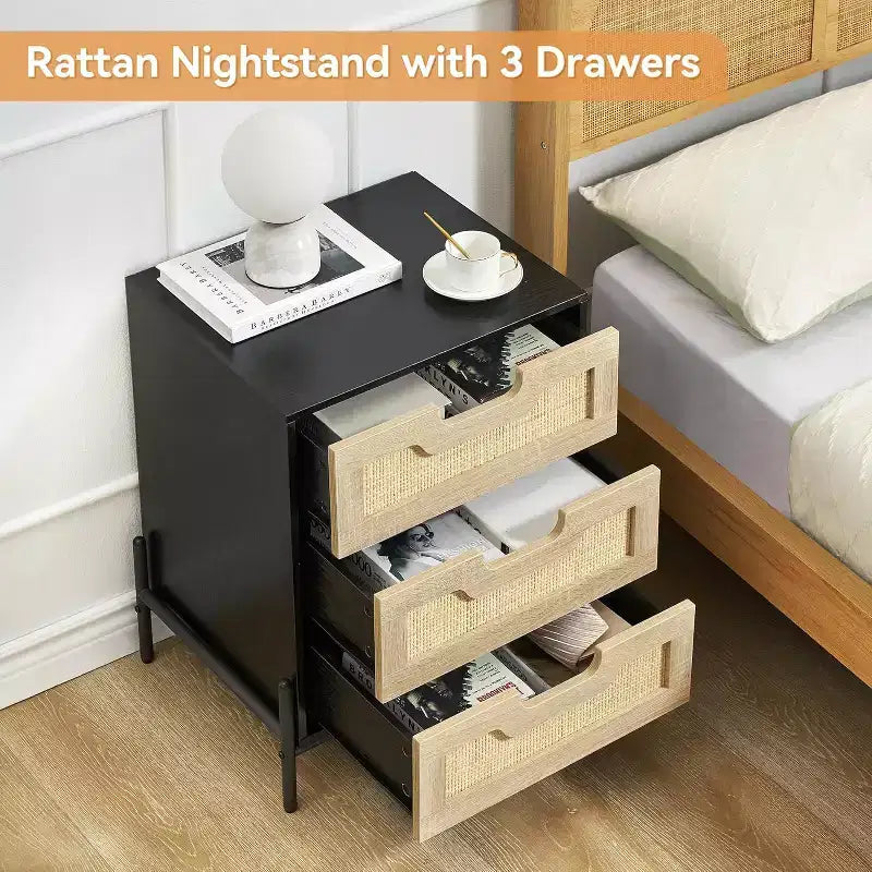 Rattan Nightstand C Boho Accent Table with Rattan Drawers & Metal Legs