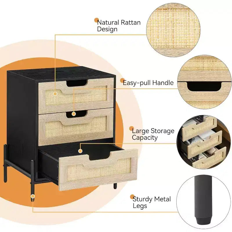 Rattan Nightstand C Boho Accent Table with Rattan Drawers & Metal Legs
