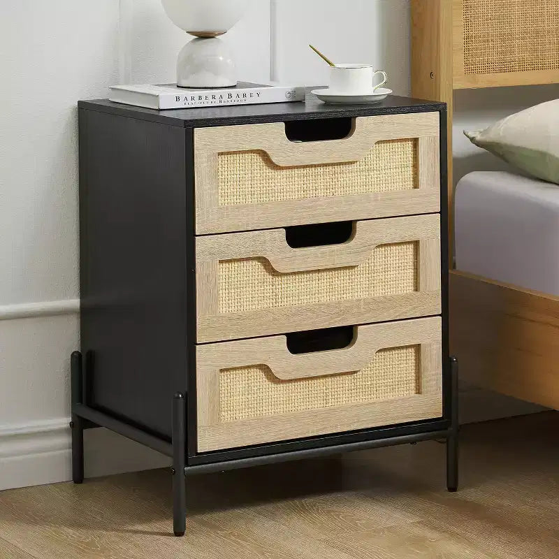 Rattan Nightstand C Boho Accent Table with Rattan Drawers & Metal Legs