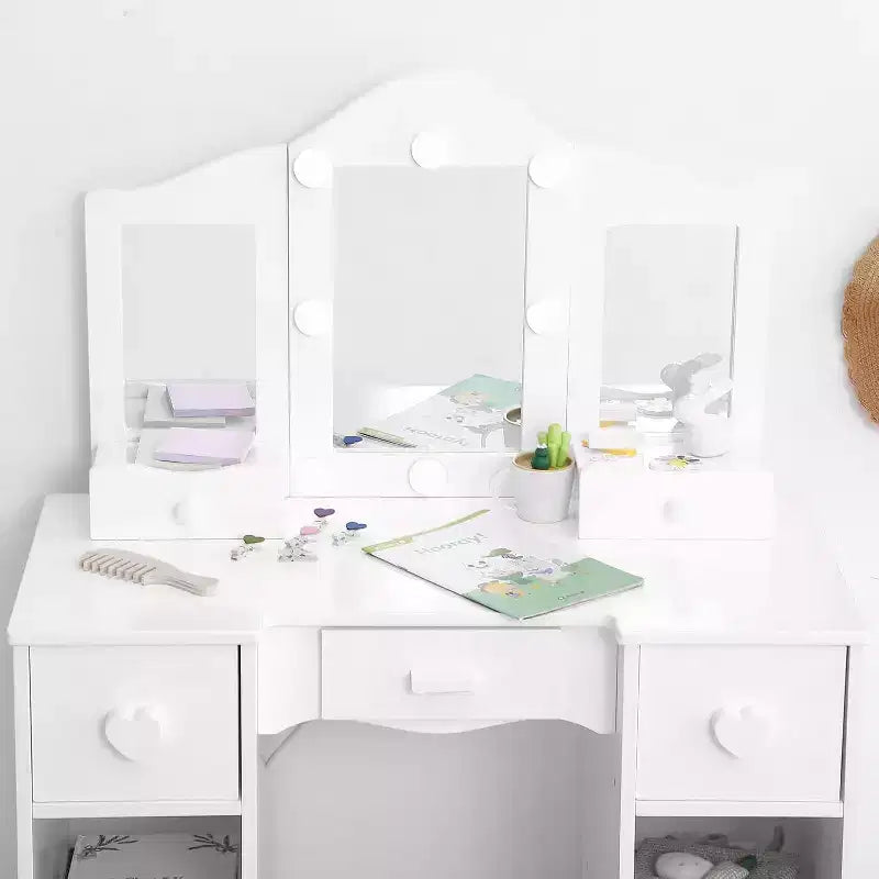 Girls Vanity Set with Tri-Fold Mirror, 2-in-1 Wooden Dressing Table and Stool, Princess Pretend Play Makeup Desk with Drawer for Little Girls