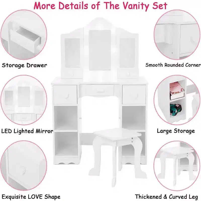 Girls Vanity Set with Tri-Fold Mirror, 2-in-1 Wooden Dressing Table and Stool, Princess Pretend Play Makeup Desk with Drawer for Little Girls