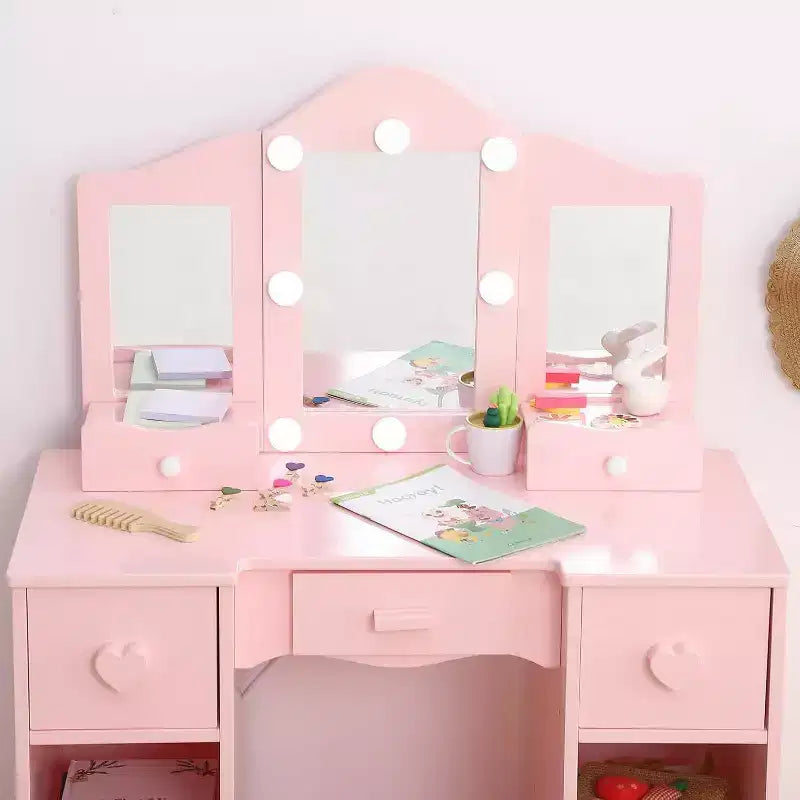 Girls Vanity Set with Tri-Fold Mirror, 2-in-1 Wooden Dressing Table and Stool, Princess Pretend Play Makeup Desk with Drawer for Little Girls