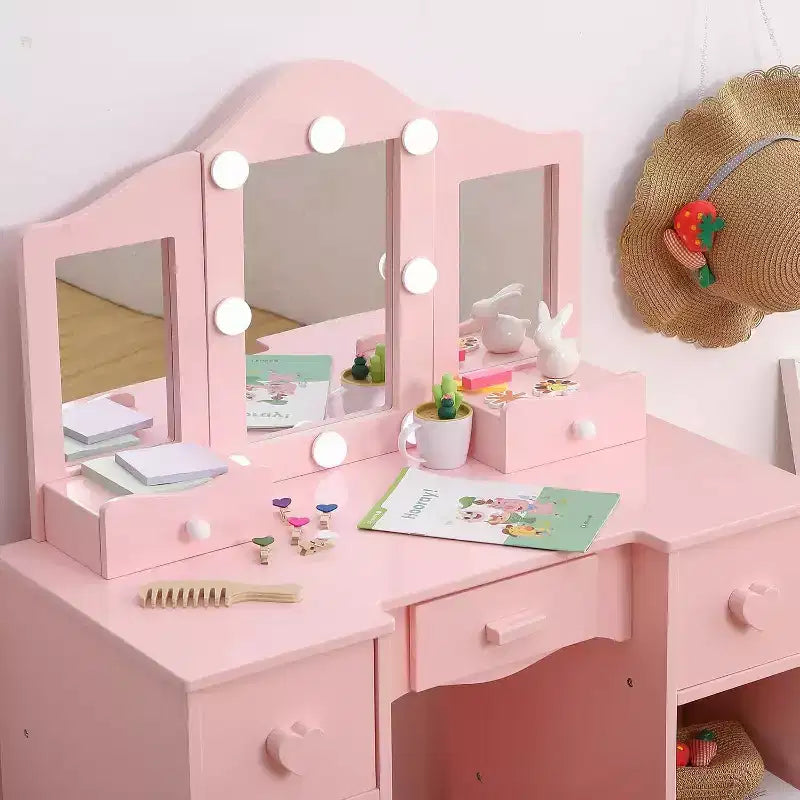 Girls Vanity Set with Tri-Fold Mirror, 2-in-1 Wooden Dressing Table and Stool, Princess Pretend Play Makeup Desk with Drawer for Little Girls