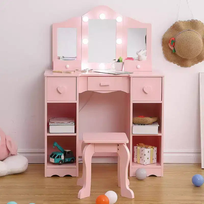 Girls Vanity Set with Tri-Fold Mirror, 2-in-1 Wooden Dressing Table and Stool, Princess Pretend Play Makeup Desk with Drawer for Little Girls