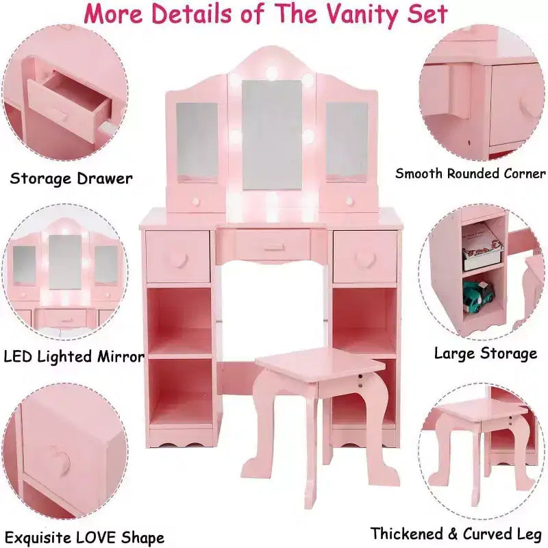Girls Vanity Set with Tri-Fold Mirror, 2-in-1 Wooden Dressing Table and Stool, Princess Pretend Play Makeup Desk with Drawer for Little Girls