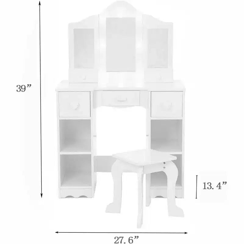 Girls Vanity Set with Tri-Fold Mirror, 2-in-1 Wooden Dressing Table and Stool, Princess Pretend Play Makeup Desk with Drawer for Little Girls