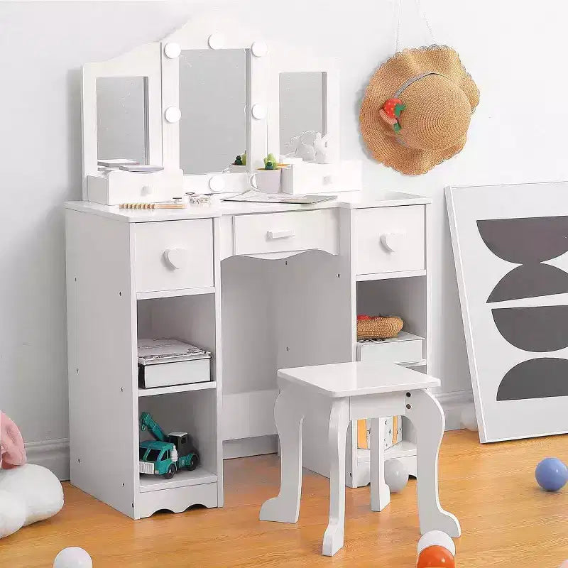 Girls Vanity Set with Tri-Fold Mirror, 2-in-1 Wooden Dressing Table and Stool, Princess Pretend Play Makeup Desk with Drawer for Little Girls