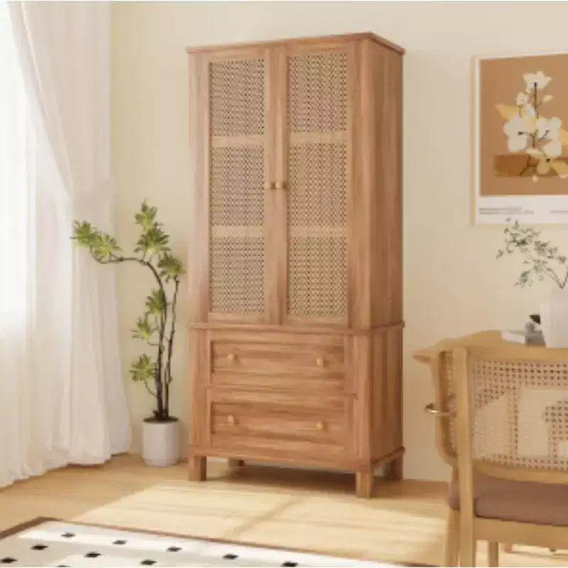 Particleboard Rattan-Woven Food Storage Cabinet - Light Walnut Finish