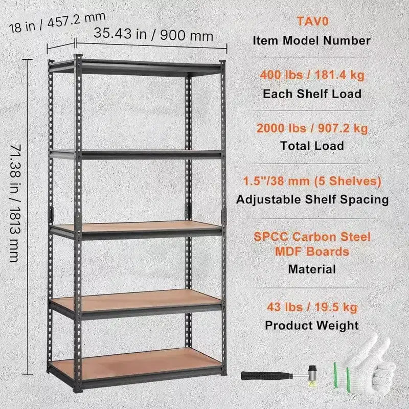 5 - Tier Heavy Duty Metal Shelves 2000 lbs Black Garage Kitchen Pantry Basement Laundry Storage Rack 36x18x72 Inch