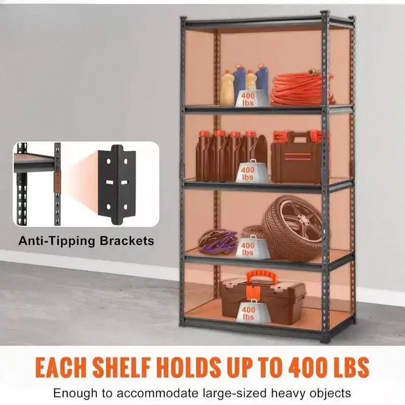 5 - Tier Heavy Duty Metal Shelves 2000 lbs Black Garage Kitchen Pantry Basement Laundry Storage Rack 36x18x72 Inch