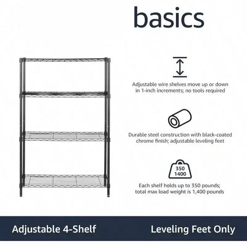 4 - Shelf Heavy Duty Steel Wire Rack Storage Shelving Organizer Kitchen Garage 36 Inch Lx 14 Inch Wx 54 Inch H Black Adjustable