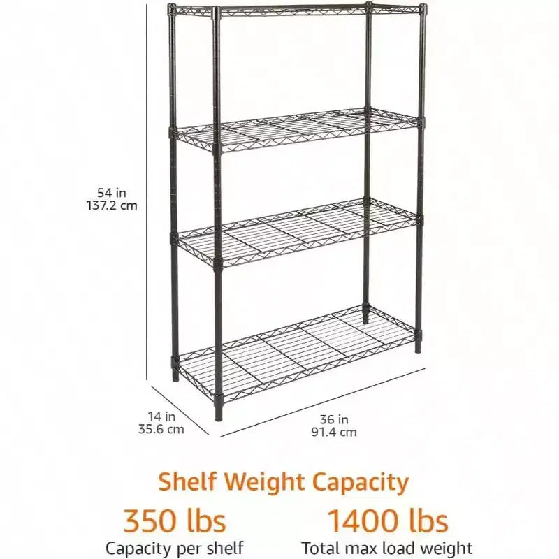 4 - Shelf Heavy Duty Steel Wire Rack Storage Shelving Organizer Kitchen Garage 36 Inch Lx 14 Inch Wx 54 Inch H Black Adjustable